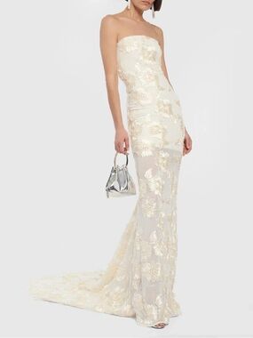 ROTATE Bridal Alberty Strapless Floral-Appliqué Mesh Gown in Ivory